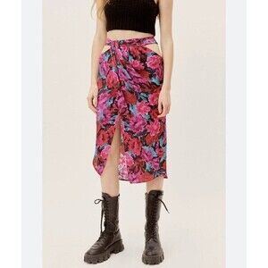 for love and lemons Size Xs Floral Lily Midi Skirt Waist Cutouts Slit Front Wrap